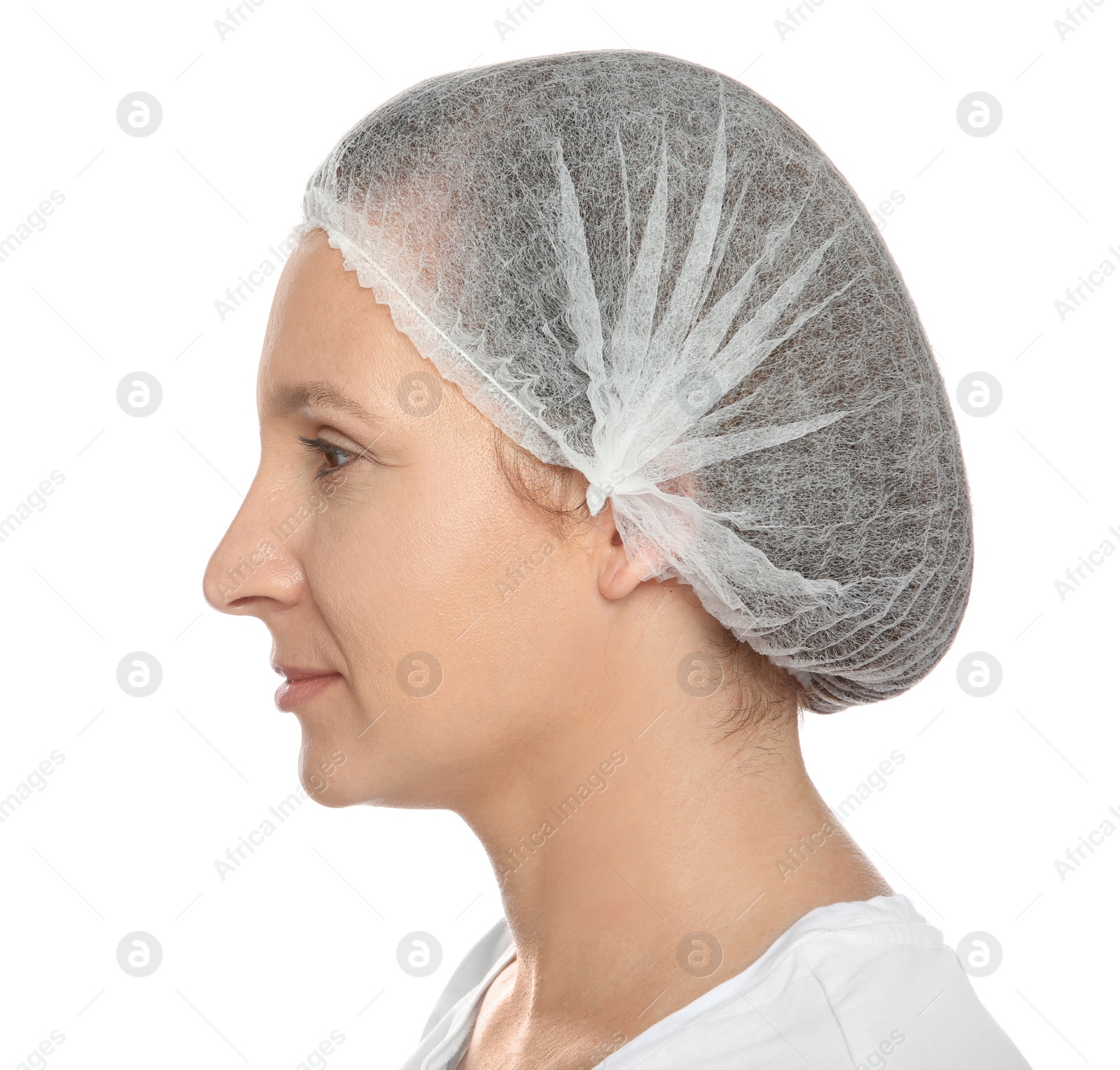 Photo of Portrait of mature woman preparing for cosmetic surgery on white background. Space for text