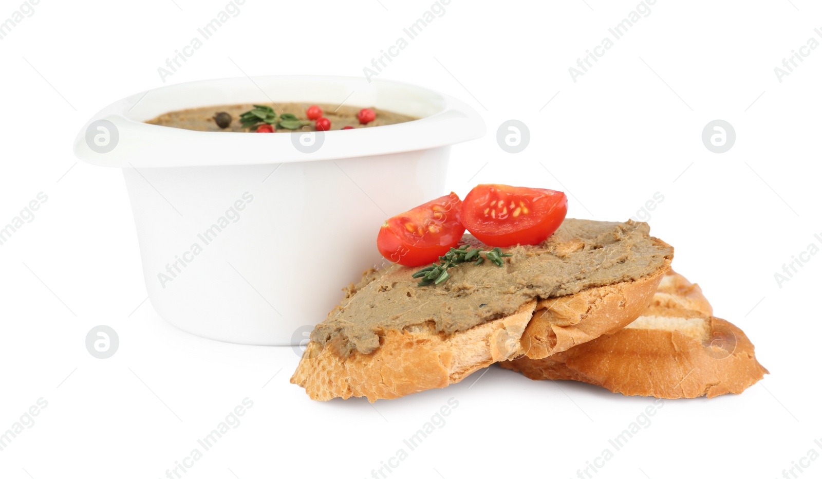 Photo of Tasty liver pate and slices of bread on white background