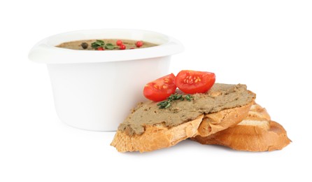 Tasty liver pate and slices of bread on white background