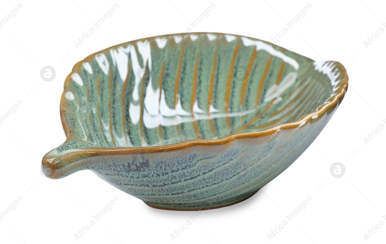 Photo of Beautiful green leaf shaped ceramic bowl on white background