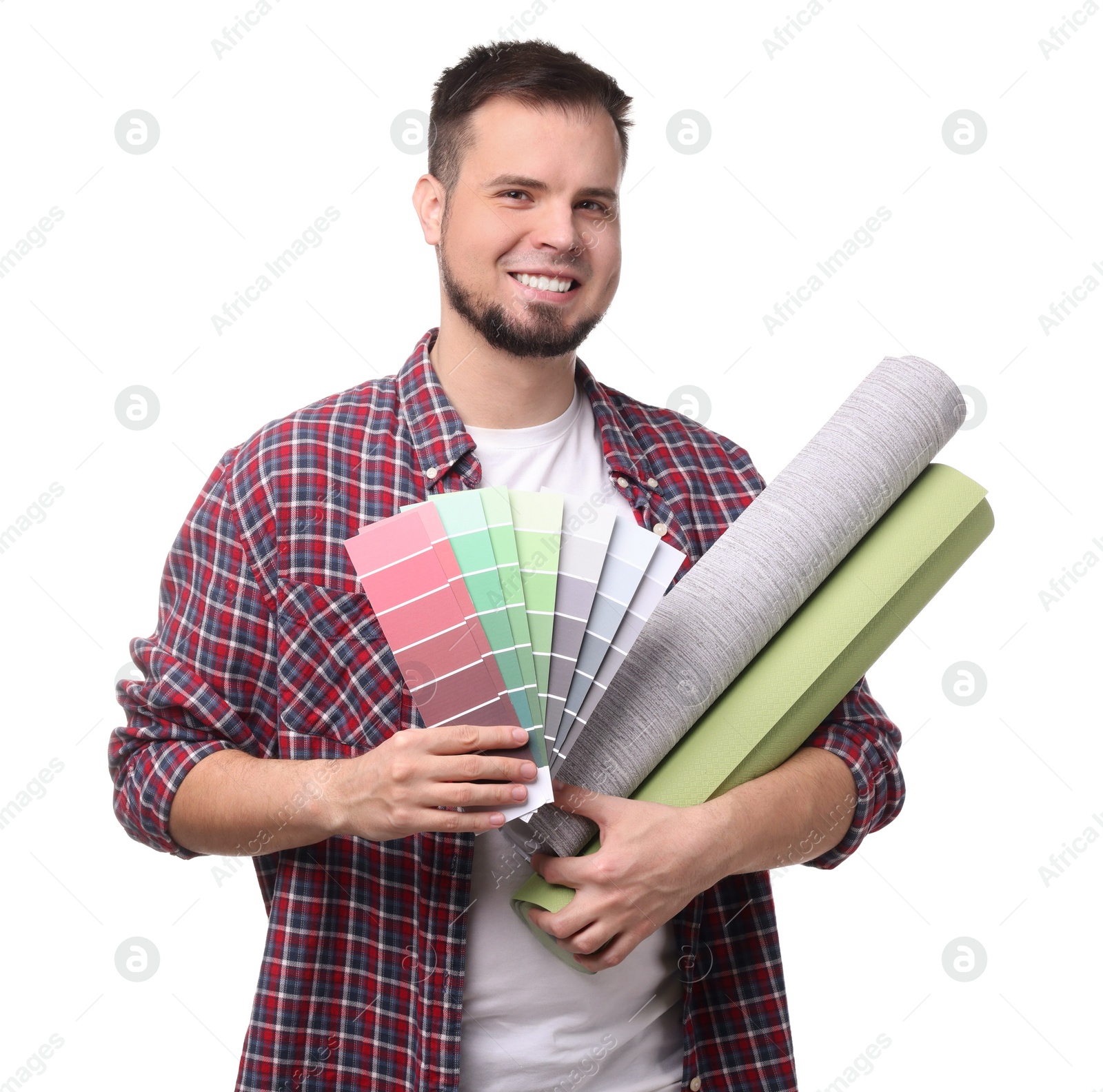 Photo of Man with wallpaper rolls and color palette on white background