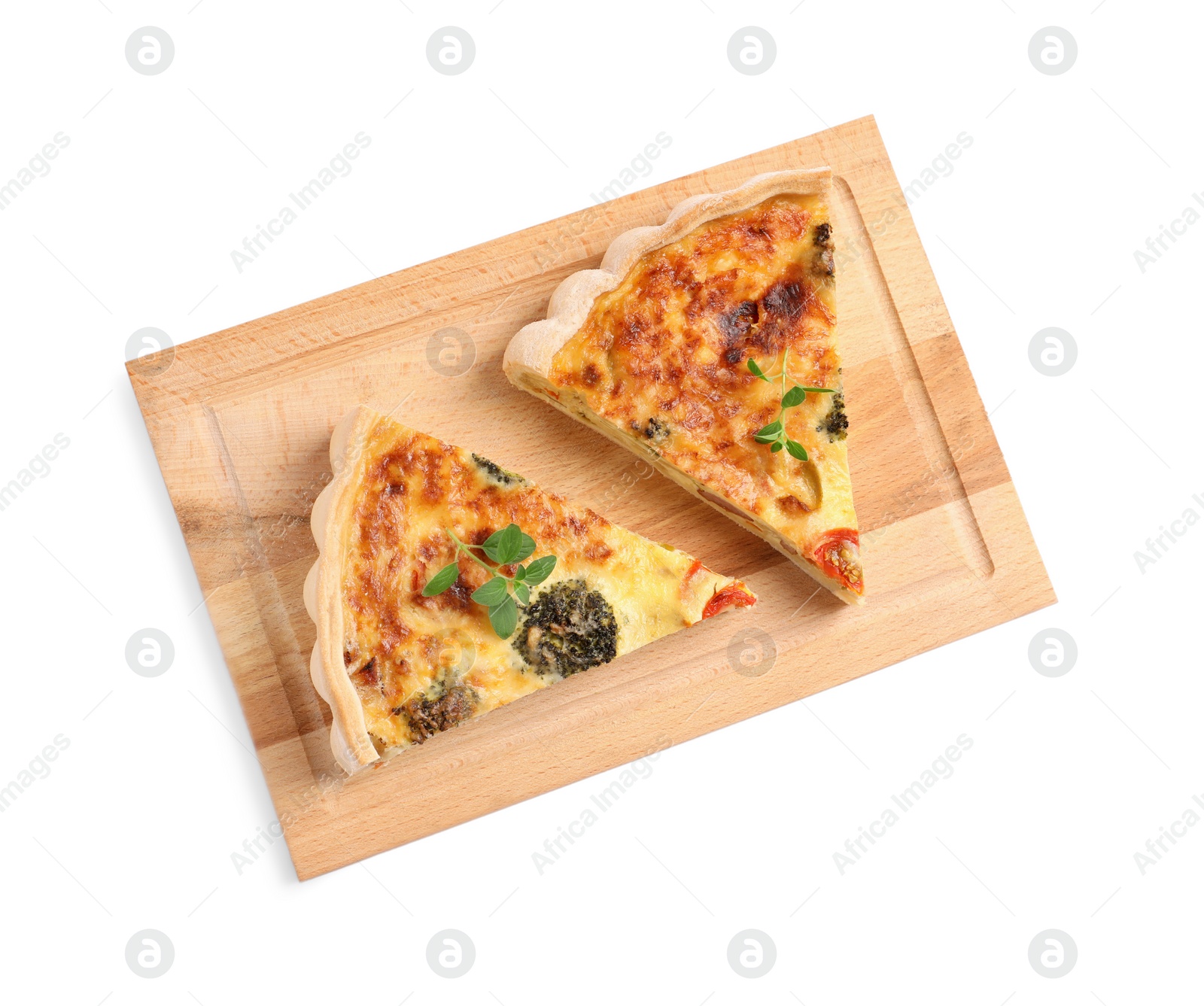Photo of Pieces of delicious homemade vegetable quiche isolated on white, top view