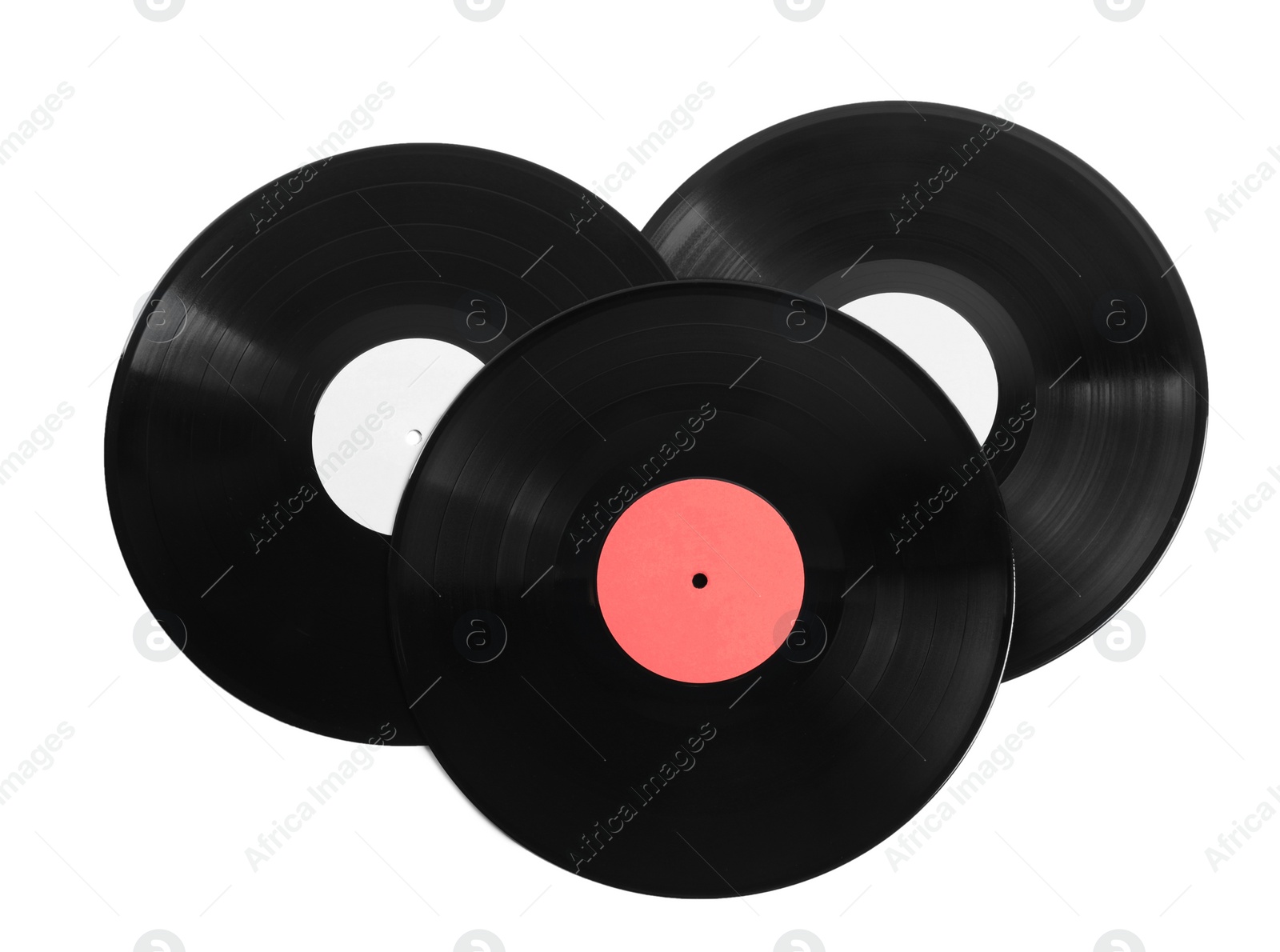 Photo of Vintage vinyl records on white background, top view