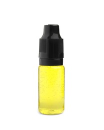 Bottle of yellow food coloring on white background