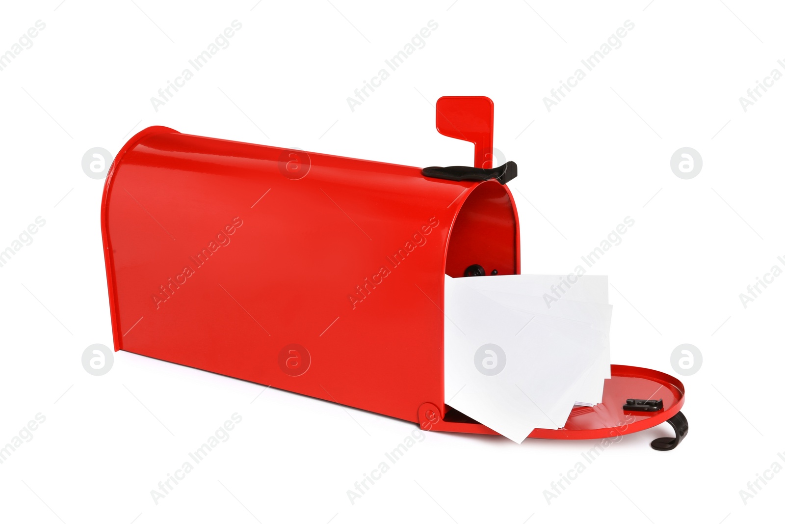 Photo of Red letter box with envelopes on white background