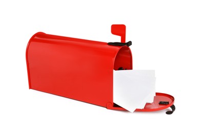 Red letter box with envelopes on white background