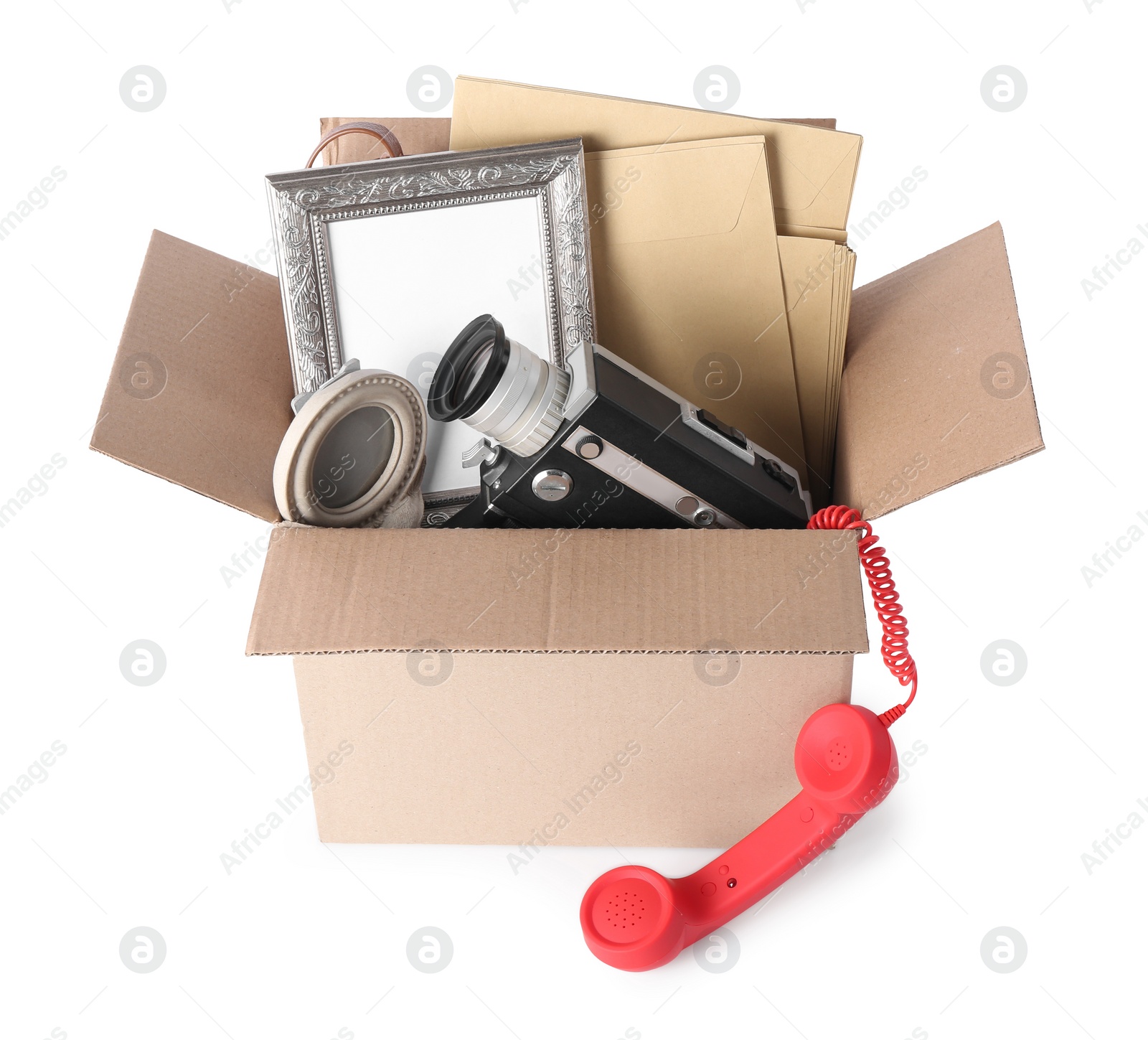 Photo of Box with unwanted stuff isolated on white