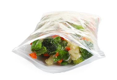Photo of Frozen vegetables in plastic bag isolated on white