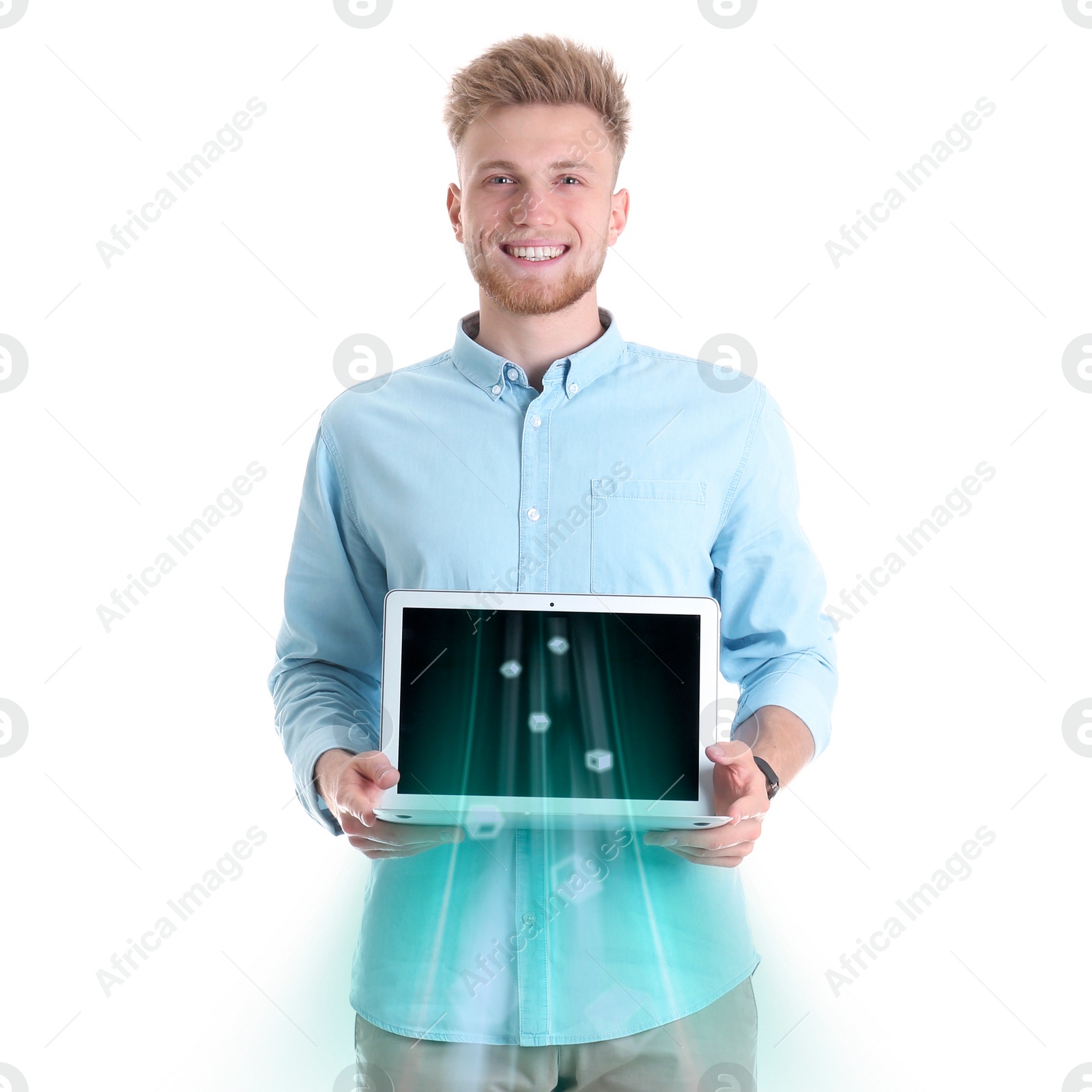 Image of Speed internet. Man with laptop on white background. Motion blur effect symbolizing fast connection