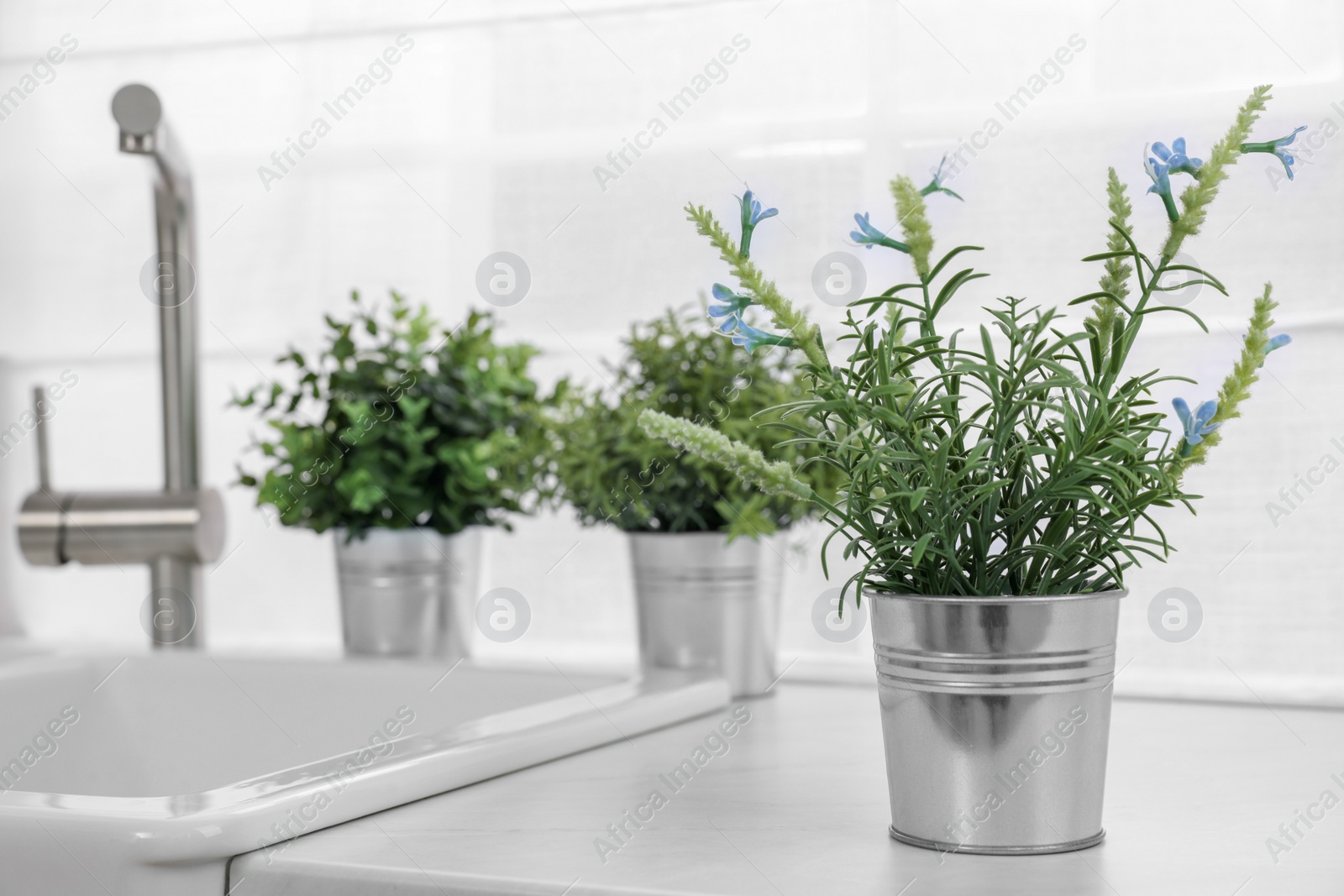 Photo of Different potted artificial plants on countertop in kitchen, space for text. Home decor