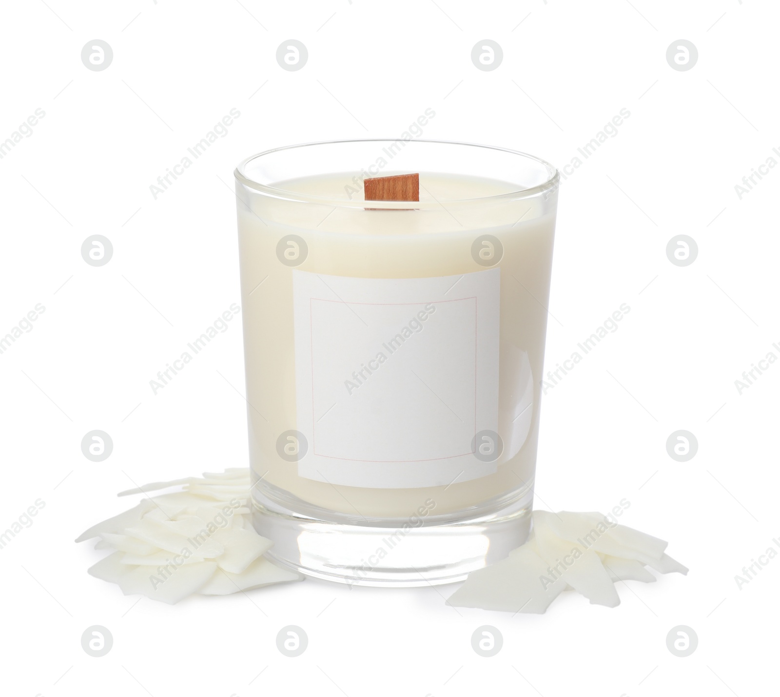 Photo of Aromatic soy candle with wooden wick isolated on white
