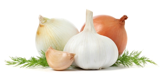 Photo of Garlic, onions and dill on white background