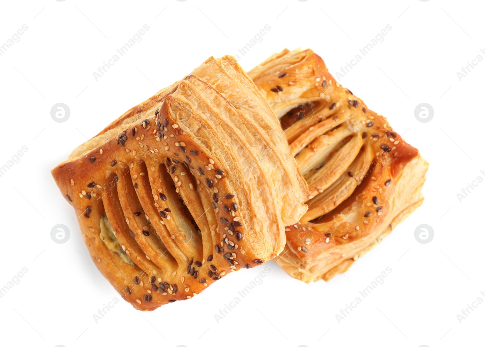 Photo of Fresh tasty puff pastry on white background, top view