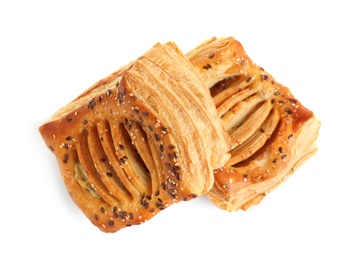 Photo of Fresh tasty puff pastry on white background, top view