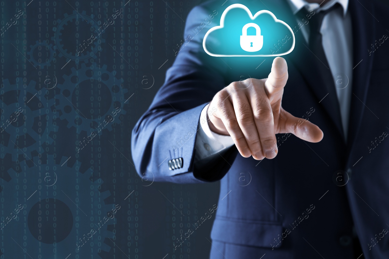 Image of Cyber security concept. Businessman touching cloud with padlock illustration, closeup