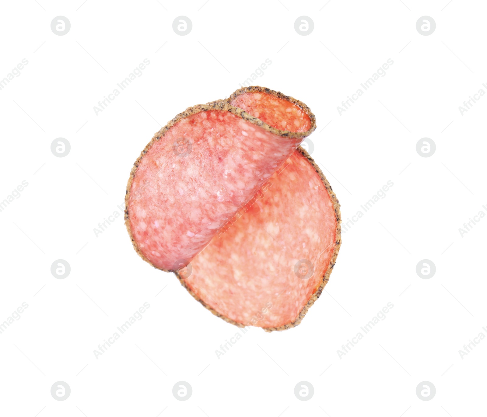 Photo of Slices of delicious smoked sausage isolated on white