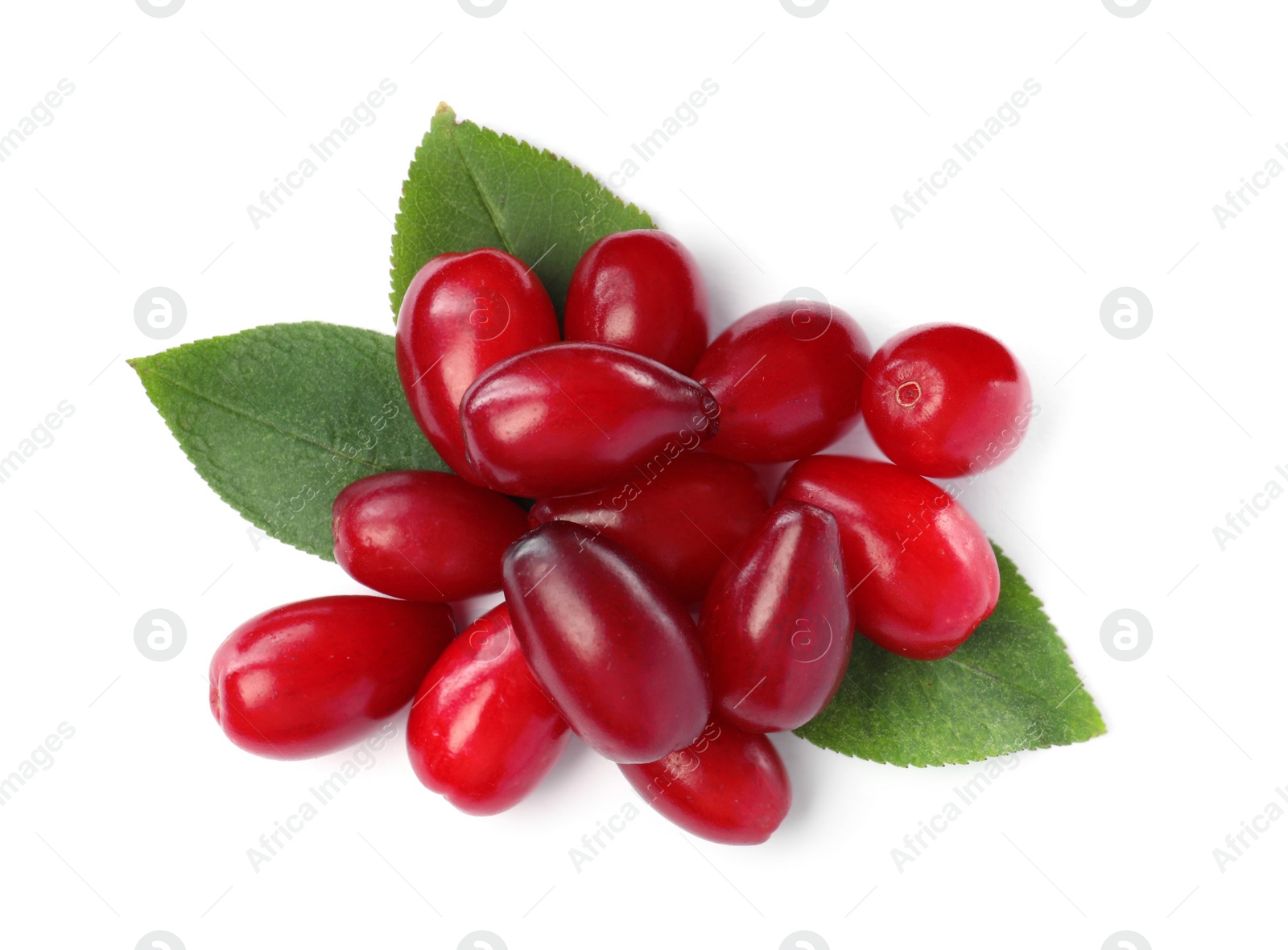 Photo of Pile of fresh ripe dogwood berries with green leaves on white background, top view