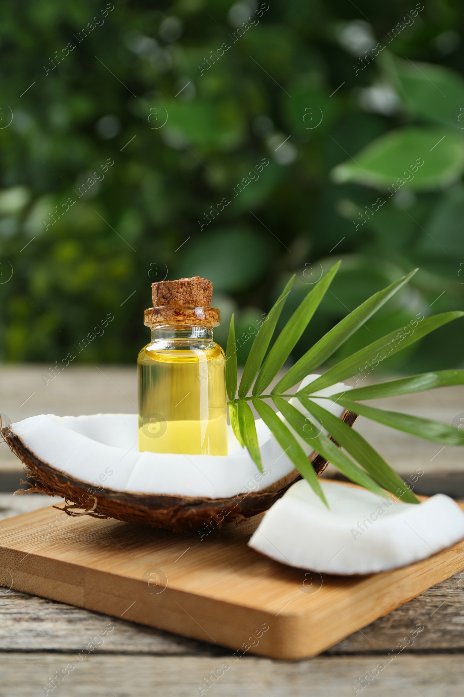 Photo of Bottle of organic coconut cooking oil, fruit pieces and leaf on wooden table