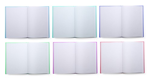 Set with open planners on white background, top view 