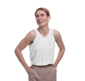 Photo of Beautiful happy businesswoman posing on white background