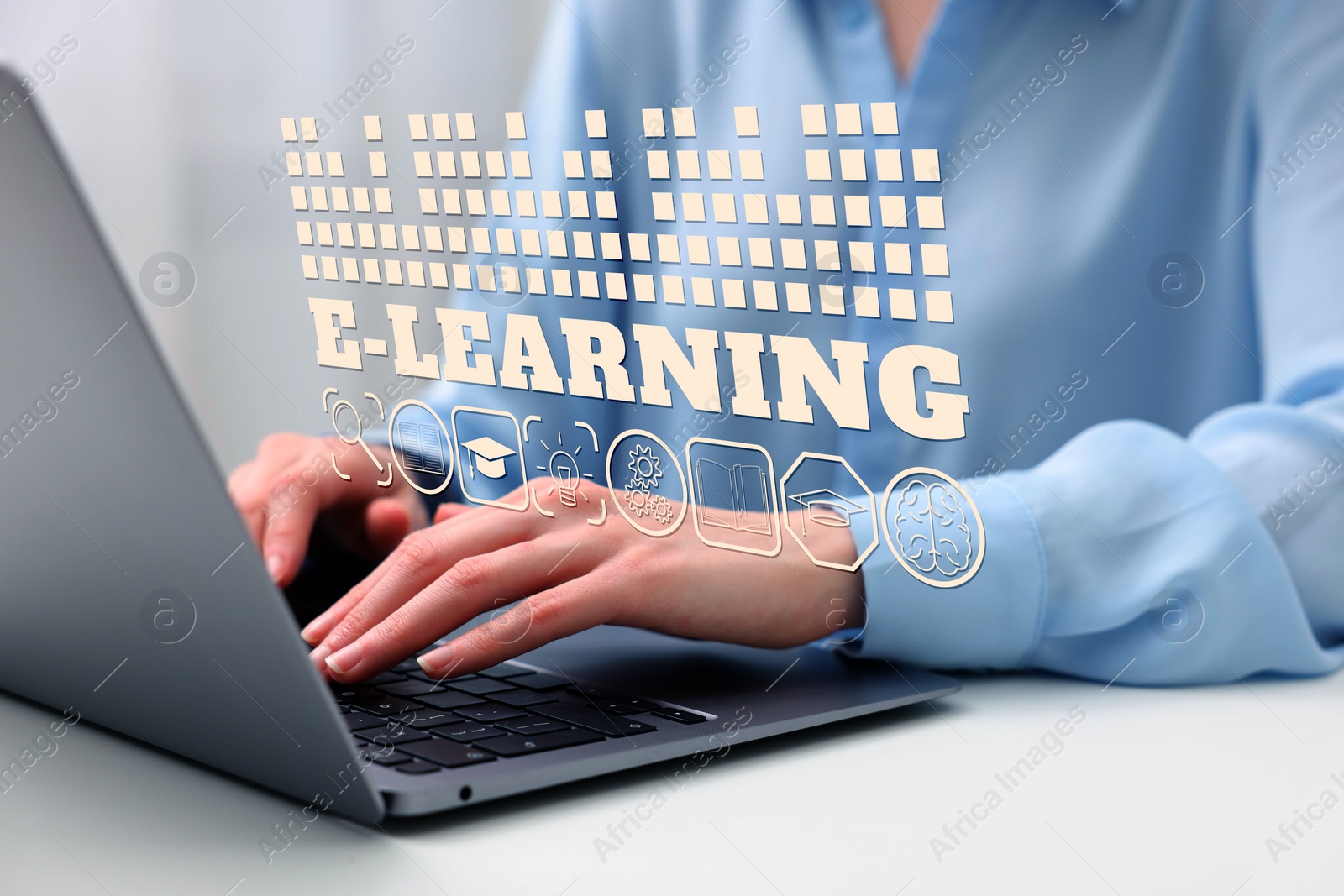 Image of E-learning. Woman working with laptop at white table indoors, closeup. Illustrations of different icons