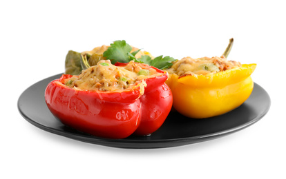 Photo of Tasty stuffed bell peppers isolated on white