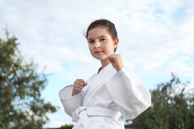 Photo of Cute little girl in kimono practicing karate outdoors