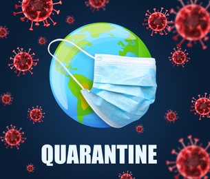 Image of Illustration of Earth with medical mask on blue background. Coronavirus outbreak