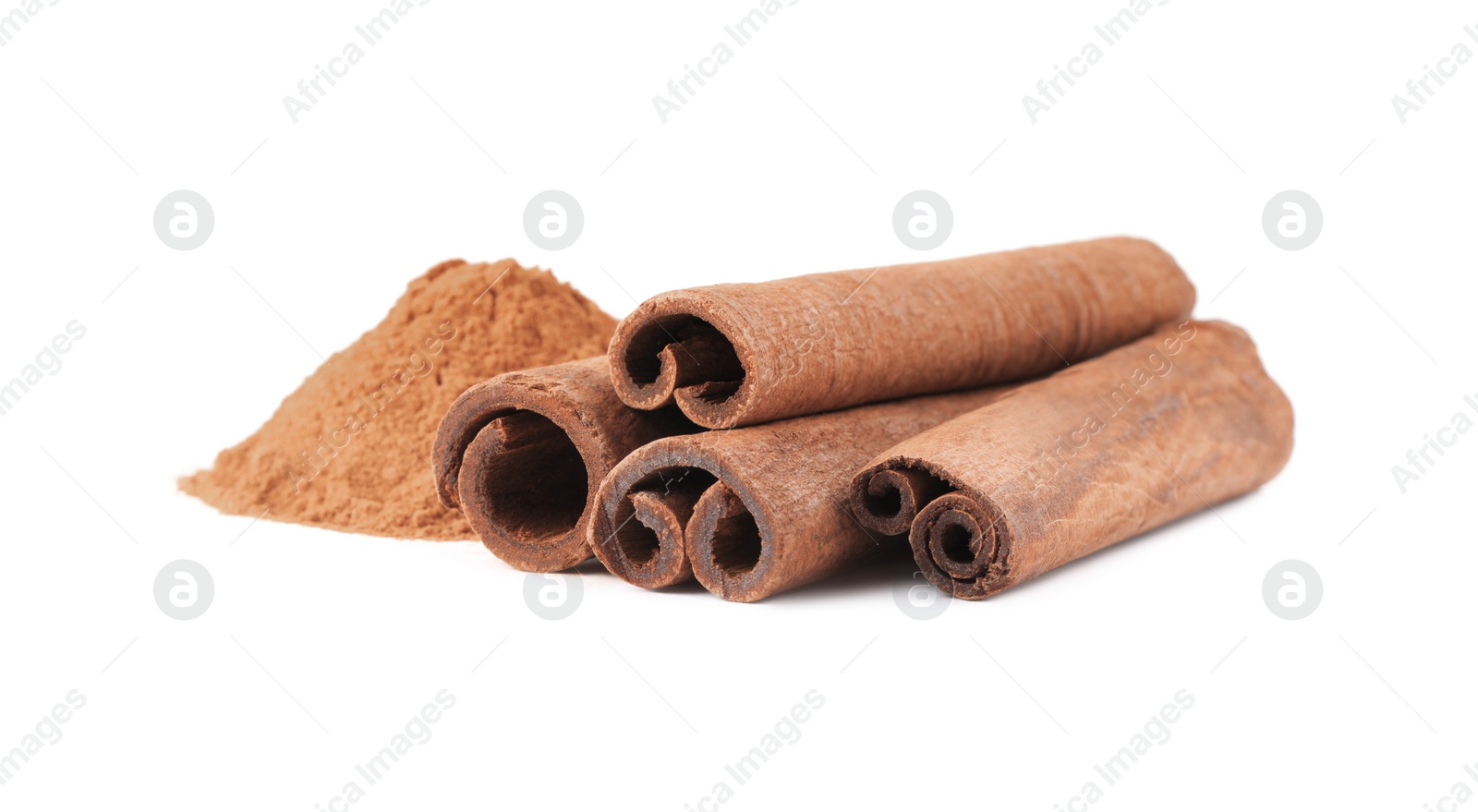 Photo of Dry aromatic cinnamon sticks and powder isolated on white