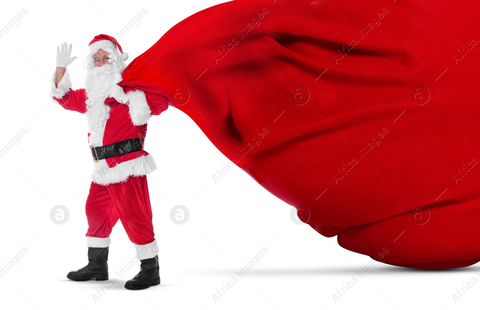 Image of Santa Claus with big red bag full of Christmas presents on white background