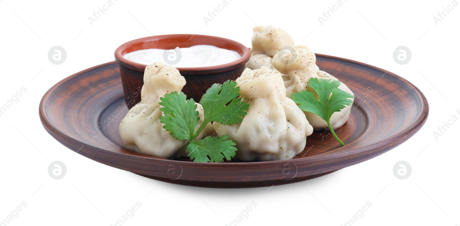 Photo of Tasty khinkali (dumplings) with sauce and spices isolated on white. Georgian cuisine