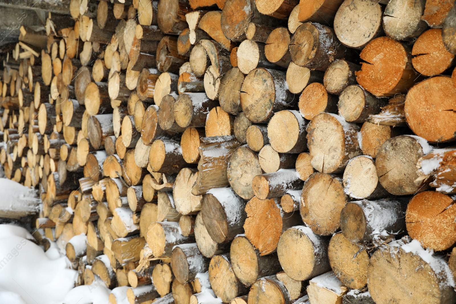 Photo of Stacked firewood outdoors, closeup. Heating house in winter