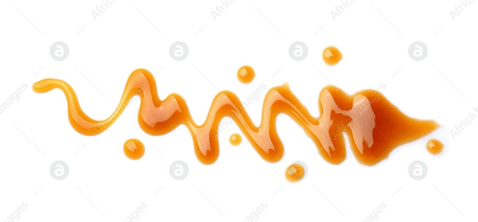 Photo of Delicious caramel sauce on white background