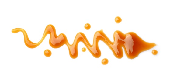 Delicious caramel sauce on white background