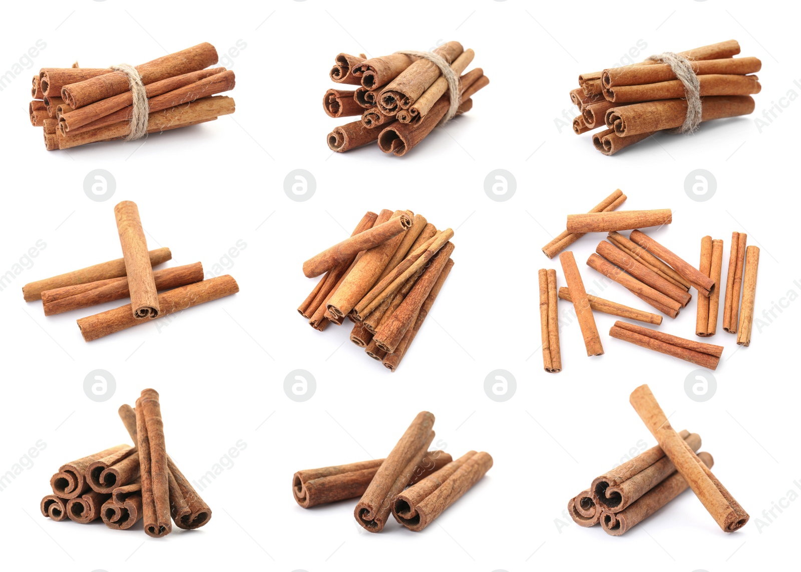 Image of Set with aromatic cinnamon sticks on white background