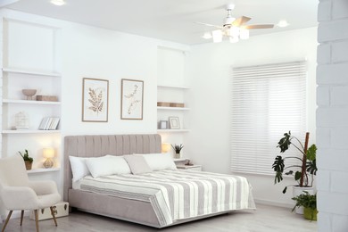 Comfortable furniture, ceiling fan, houseplants and accessories in stylish bedroom