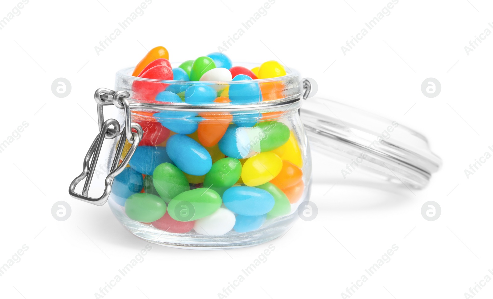 Photo of Jar of delicious color jelly beans isolated on white