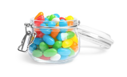 Photo of Jar of delicious color jelly beans isolated on white