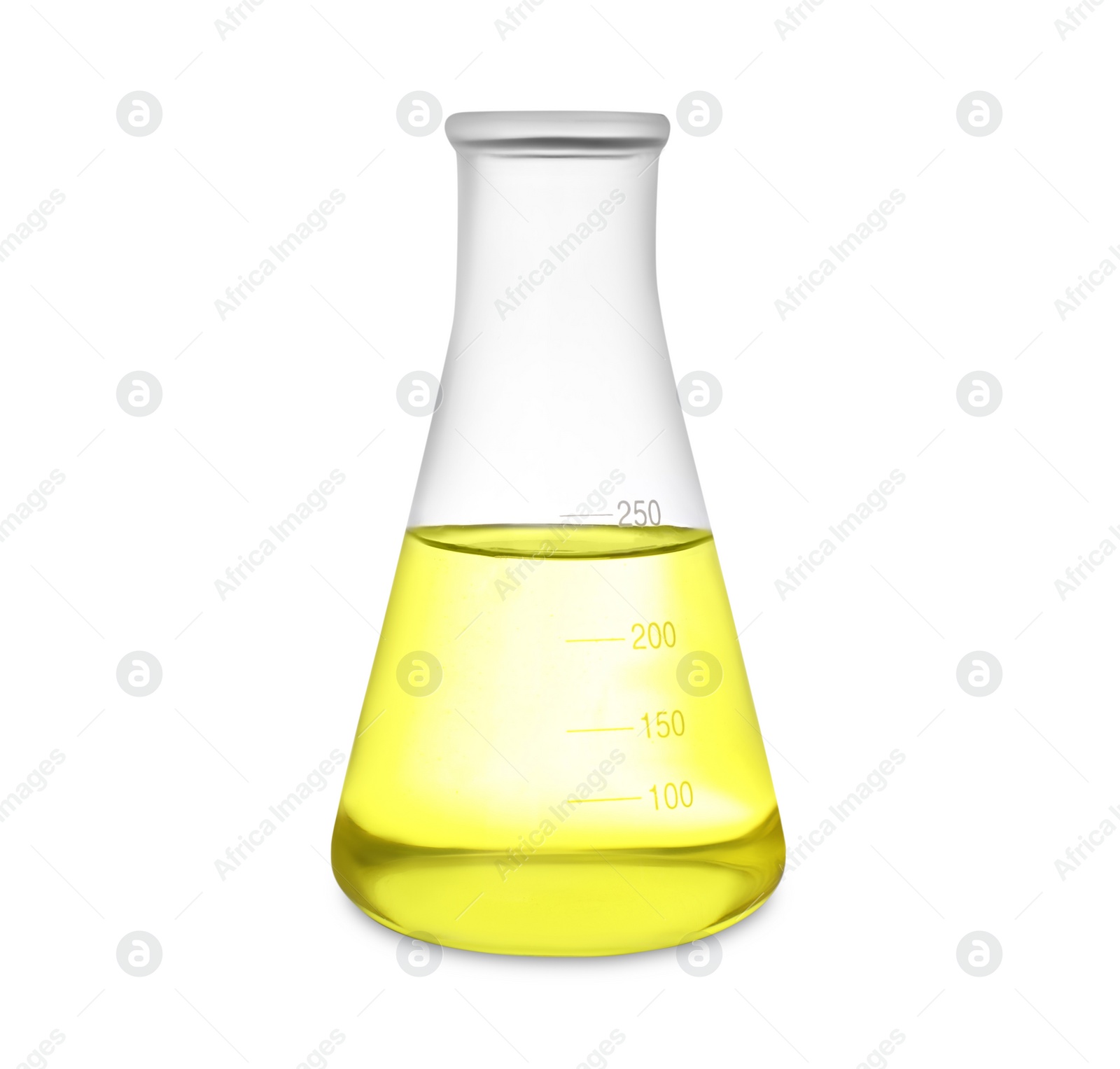 Photo of Conical flask with yellow liquid isolated on white