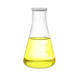 Photo of Conical flask with yellow liquid isolated on white