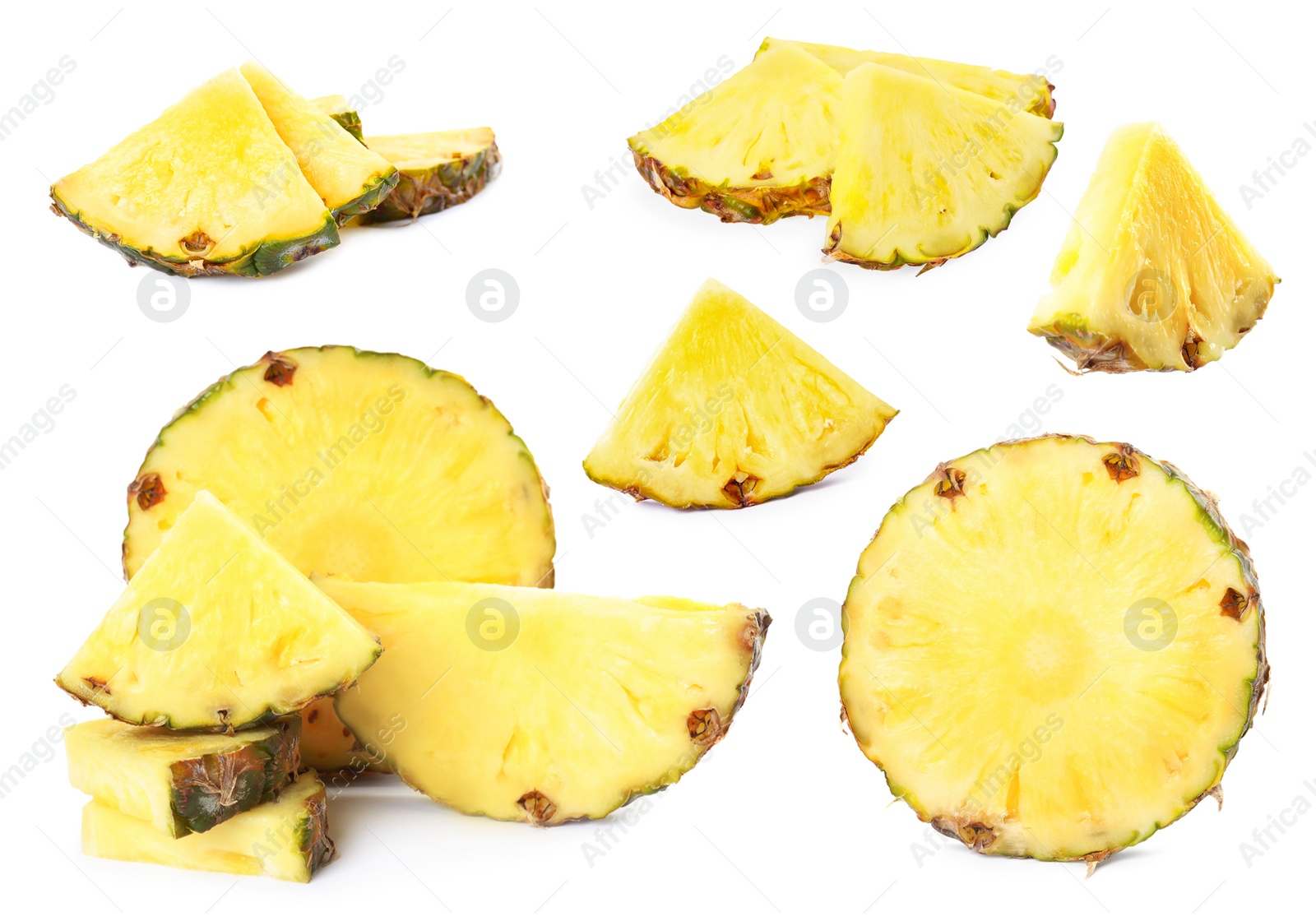 Image of Set with slices of juicy pineapple on white background