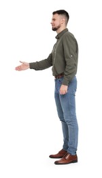 Man in shirt and jeans on white background