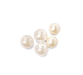 Photo of Many beautiful oyster pearls on white background, to view