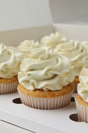 Photo of Tasty cupcakes with vanilla cream in box, closeup