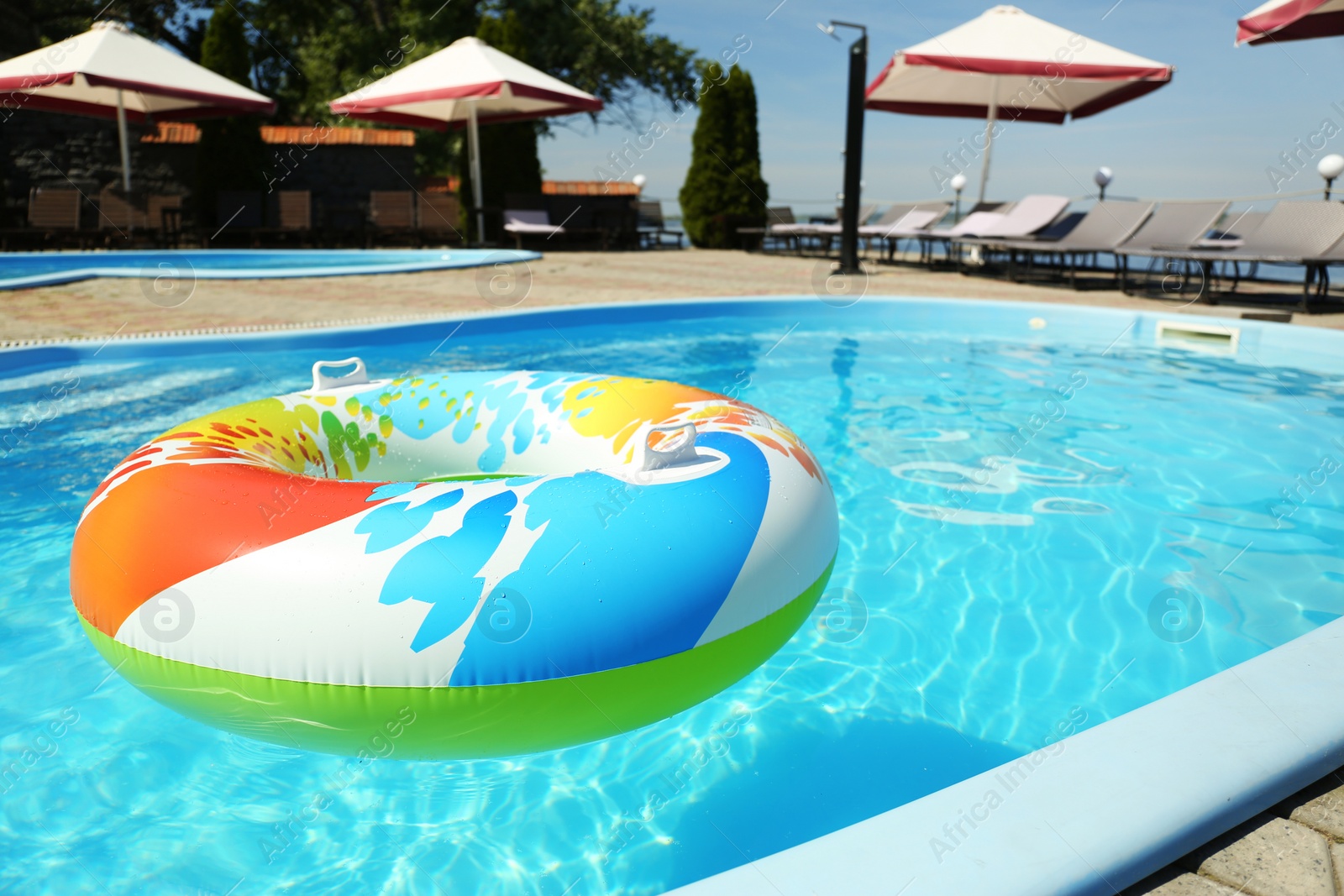 Photo of Colorful inflatable ring floating in swimming pool on sunny day, outdoors. Space for text