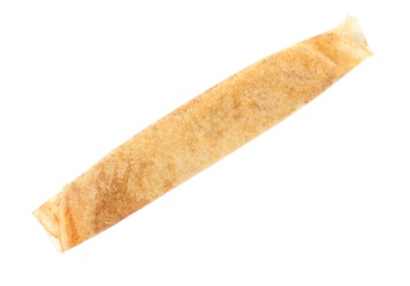 Photo of Tasty thin pancake roll on white background, top view