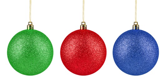 Image of Bright Christmas ball hanging on white background, collection