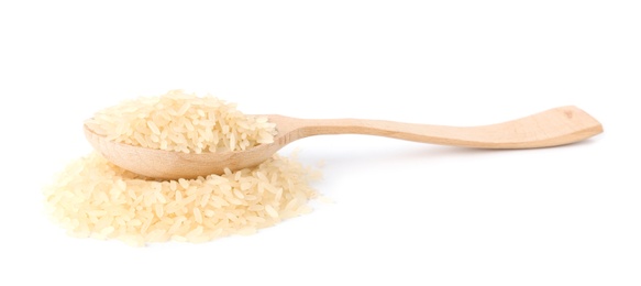 Photo of Spoon and uncooked parboiled rice on white background
