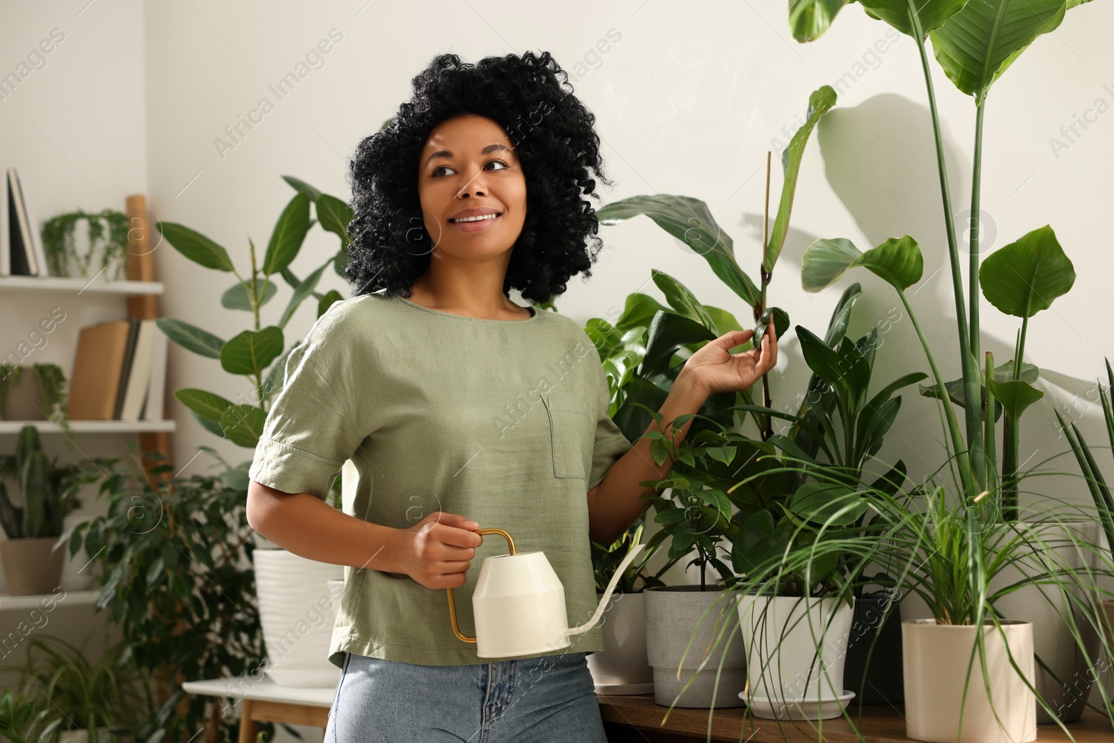 Photo of Happy woman watering beautiful potted houseplants at home