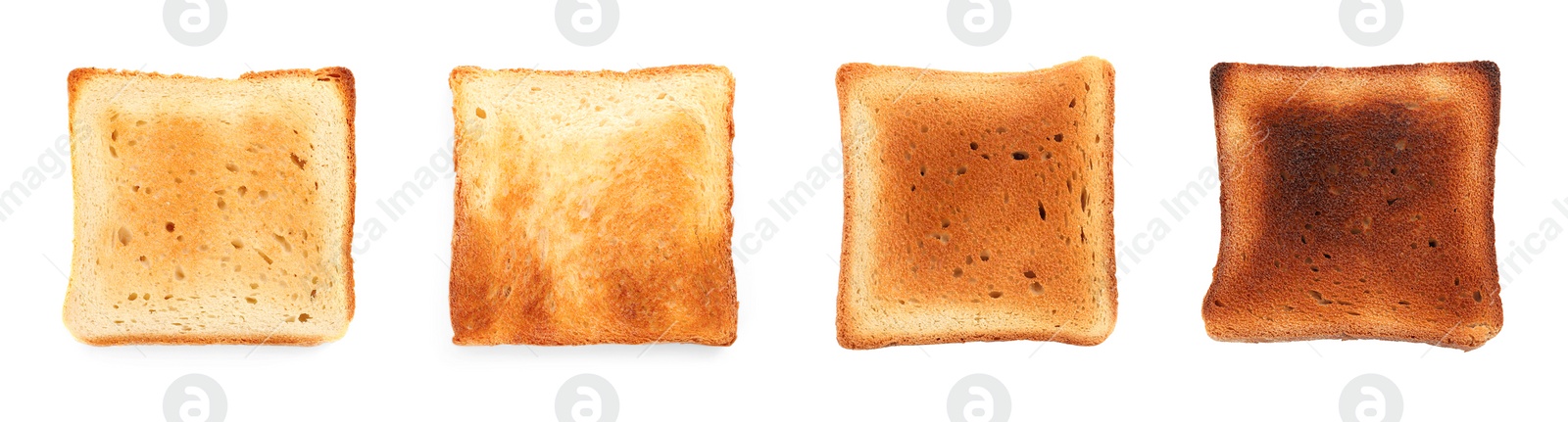 Image of Slices of bread at different stages of toasting on white background, top view. Banner design